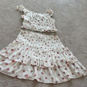 Smocked Floral Cream Crop Top and Tiered Skirt Set